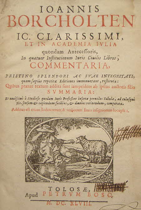 BORCHOLTEN (BORCHOLDT, BORCHOLDIUS), Johannes, Prof. Dr.; geb. L�neburg 05. 04. 1535; gest. 09. 10. 1593; WG.: 1553 Studium Univ. Wittenburg, Studienaufenthalt in Frankreich, 1566 Promotion Univ. Basel, Prof. Univ. Rostock, Stadtsyndikus, 1576 ordtl. Prof. Helmstedt, 1577-1578 und 1585-1586 Prorektor Univ. Helmstedt; Fach: Allgemeines Vertragsrecht; 

Ver�ffentlichungen zeitlebens: Commentaria in consuetudines feudorum 1577, Commentaria in Tit. D. de pactis 1583, Commentaria in IV Institutionem libros 4. A. 1580, Commentaria in Tit. 14 libri 2 Pandectarum de pactis 1583, Tit. D. de acquirendo vel amittendo possessionis 1590

In der Universit�tsbibliothek Brescia - Bibliothek f�r Wirtschaft und Recht findet sich auch ein solches Buch.

Gr��e 24 x 17 x 6 cm  784 Seiten  - mit handschriftlicher Bemerkung
 -  59 € mtl./K 650 €