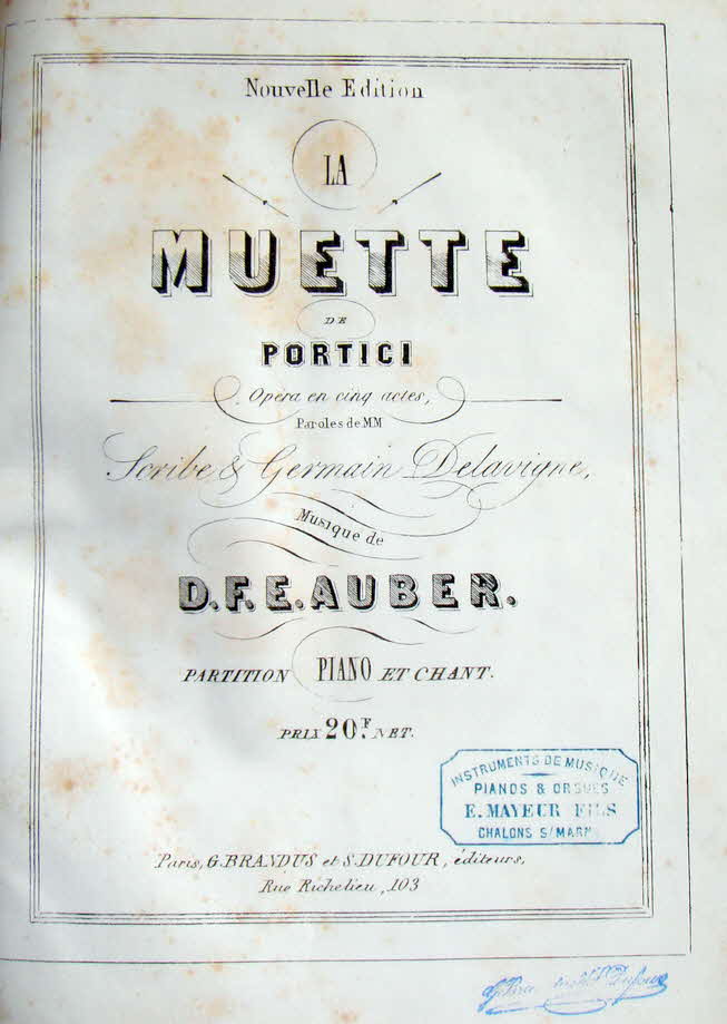 Daniel-Fran�ois-Esprit Auber (* 29. Januar 1782 in Caen; � 12. Mai 1871 in Paris) war ein franz�sischer Komponist. 
La muette de Portici (Die Stumme von Portici), wurde 1828  komponiert, nach Walter Scotts Peveril of the Peak - 39 € mtl./K 350 €

