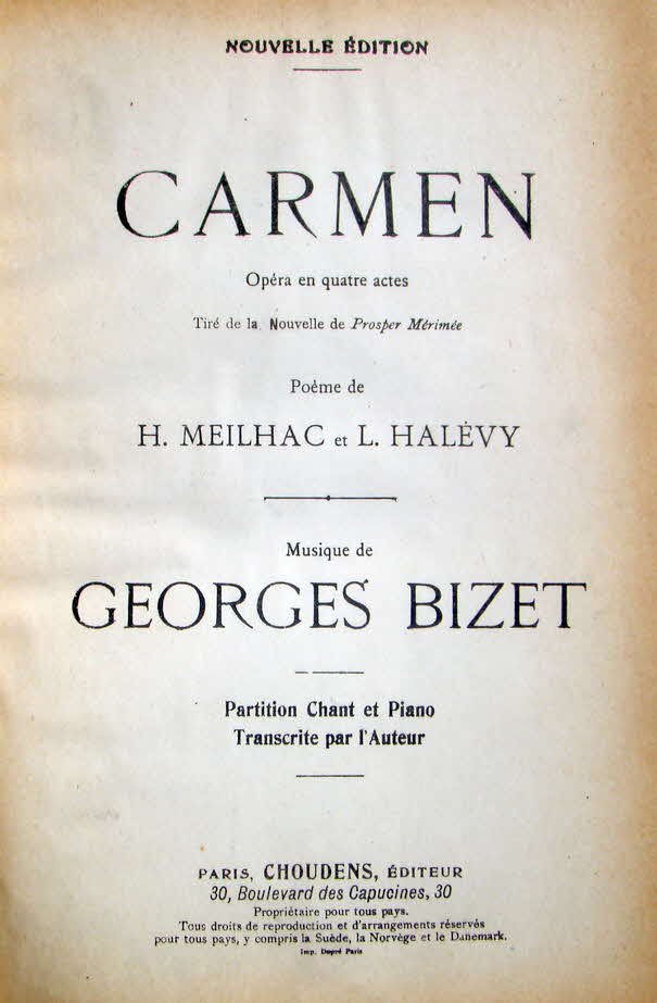 Georges Bizet (* 25. Oktober 1838 in Paris als Alexandre-C�sar-L�opold Bizet; � 3. Juni 1875 in Bougival, D�partement Yvelines bei Paris) war ein franz�sischer Komponist der Romantik, dessen Oper Carmen zu einem der gr��ten Erfolge der Operngeschichte wurde.

CARMEN - Oper in 4 Akten Libretto H. Meilhac & L. Hal�vy, nach P. M�rim�e; 1873�74 komponiert; uraufgef�hrt in Paris, Op�ra-Comique (Favart), 3. M�rz 1875 - 39 € mtl./K 350 €