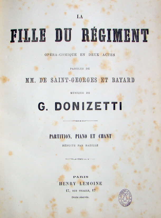 Domenico Gaetano Maria Donizetti (* 29. November 1797 in Bergamo in Italien; � 8. April 1848 in Bergamo) war einer der wichtigsten Opernkomponisten des Belcanto.

La fille du r�giment Erstauff�hrung 11. Februar 1840, Op�ra-Comique, Paris - 39 € mtl./K 350 €