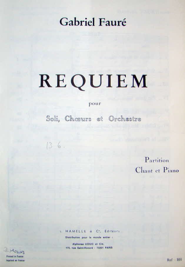 Gabriel Urbain Faur� (* 12. Mai 1845 in Pamiers, D�partement Ari�ge, Midi-Pyr�n�es; � 4. November 1924 in Paris) war ein franz�sischer Komponist, der vor allem Vokal-, Klavier- und Kammermusik schrieb.

Requiem f�r Sopran, Bariton, Ch�re und Orchester, Op. 48 von 1888, Fassung f�r gro�es Orchester 1899  - 39 € mtl./K 350 €