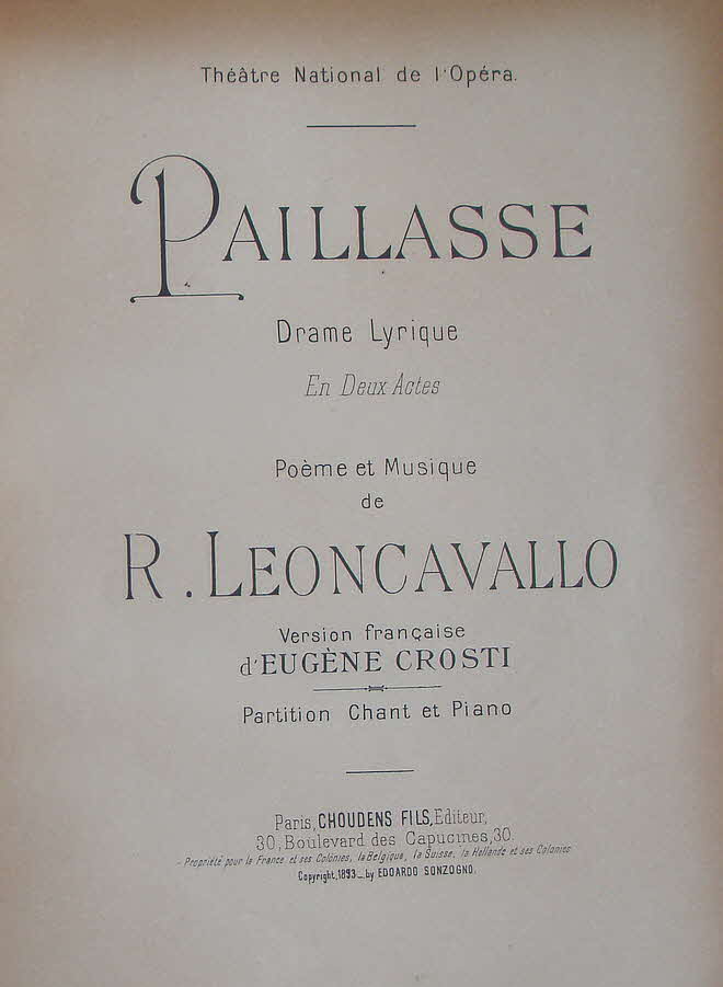 Ruggero Leoncavallo (* 23. April 1857 in Neapel; � 9. August 1919 in Montecatini Terme) war ein italienischer Komponist und Librettist. Er wurde weltbekannt durch seine Oper Pagliacci (Der Bajazzo).

Pagliacci (Die Bajazzos/Clowns) ist eine veristische Oper in zwei Akten und einem Prolog von Ruggero Leoncavallo, der auch das Libretto verfasste. Die Urauff�hrung fand 1892 im Teatro Dal Verme in Mailand unter Arturo Toscanini statt  - 39 € mtl./K 350 €