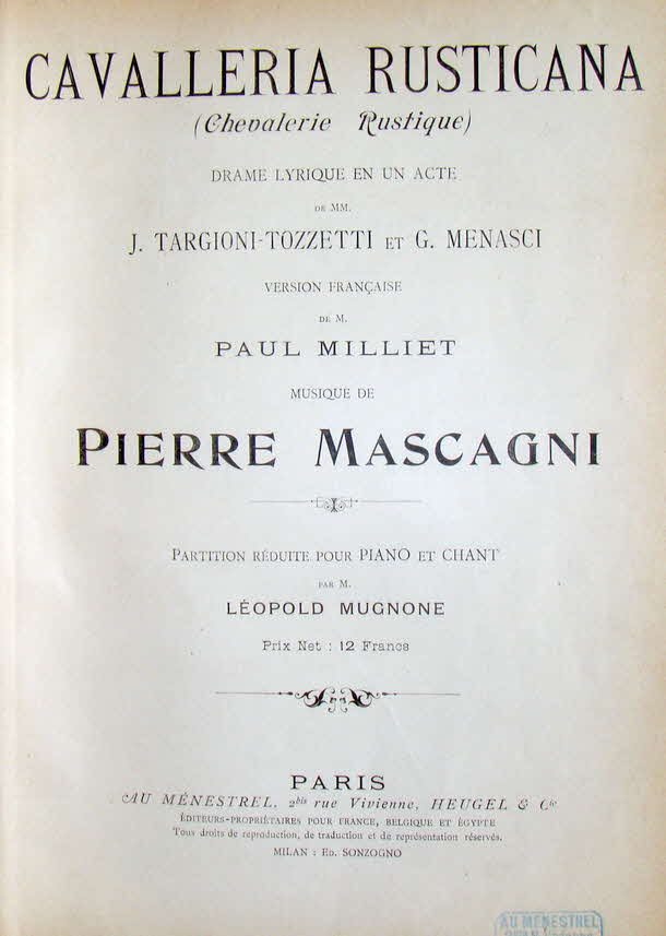 Pietro Mascagni (* 7. Dezember 1863 in Livorno; � 2. August 1945 in Rom) war ein italienischer Komponist, der mit seinen Opern neben Ruggiero Leoncavallo und Giacomo Puccini einer der wichtigsten Vertreter des Verismo war.

Cavalleria rusticana (Sizilianische Bauernehre) ist eine Oper in einem Akt von Pietro Mascagni.Urauff�hrung Rom 17. Mai 1890. Als literarische Vorlage diente ihm die gleichnamige Erz�hlung von Giovanni Verga aus der Novellensammlung Sizilianische Novellen. Das Libretto stammt von Giovanni Verga, Giovanni Targioni-Tozzetti und Guido Menasci. Die Urauff�hrung fand am 17. Mai 1890 im Teatro dell�Opera di Roma (damals Teatro Costanzi) in Rom statt. Die Spieldauer der Oper betr�gt etwa 70 Minuten. Die Oper spielt in einem sizilianischen Dorf am Ostermorgen  - 39 € mtl./K 350 €
