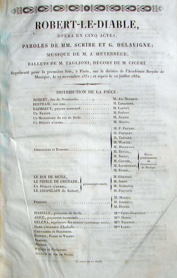 Giacomo Meyerbeer (* 5. September 1791 in Tasdorf, Mark Brandenburg; � 2. Mai 1864 in Paris), geboren als Jakob Liebmann Meyer Beer, war ein deutsch-j�discher Komponist und Dirigent.

Robert le diable (Robert der Teufel), Urauff�hrung Paris 1831 - 39 € mtl./K 350 €