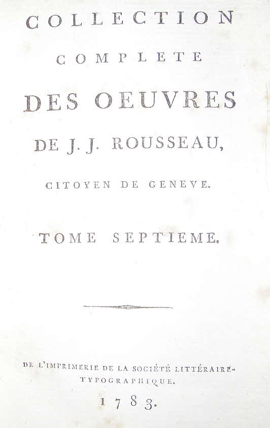 Jean-Jacques Rousseau (* 28. Juni 1712 in Genf; � 2. Juli 1778 in Ermenonville bei Paris) war ein franz�sischsprachiger Genfer Schriftsteller, Philosoph, P�dagoge, Naturforscher und Komponist der Aufkl�rung. Rousseau hatte gro�en Einfluss auf die P�dagogik und die politische Theorie des sp�ten 18. sowie des 19. und 20. Jahrhunderts in ganz Europa. Er war ein wichtiger Wegbereiter der Franz�sischen Revolution. Sein Werk ist unl�sbarer Bestandteil der franz�sischen und europ�ischen Literatur- und Geistesgeschichte. Der ihm h�ufig zugeschriebene Aufruf �Zur�ck zur Natur!� hat viele Wissenschaftler gepr�gt und sp�tere Gegenbewegungen zur Industrialisierung ausgel�st.

Gesamtausgabe in franz�sischer Sprache - nicht komplett 24 von 34 B�nden - 1783 bis 1792 - 10 x 15 cm  -  89 € mtl./K 950 €