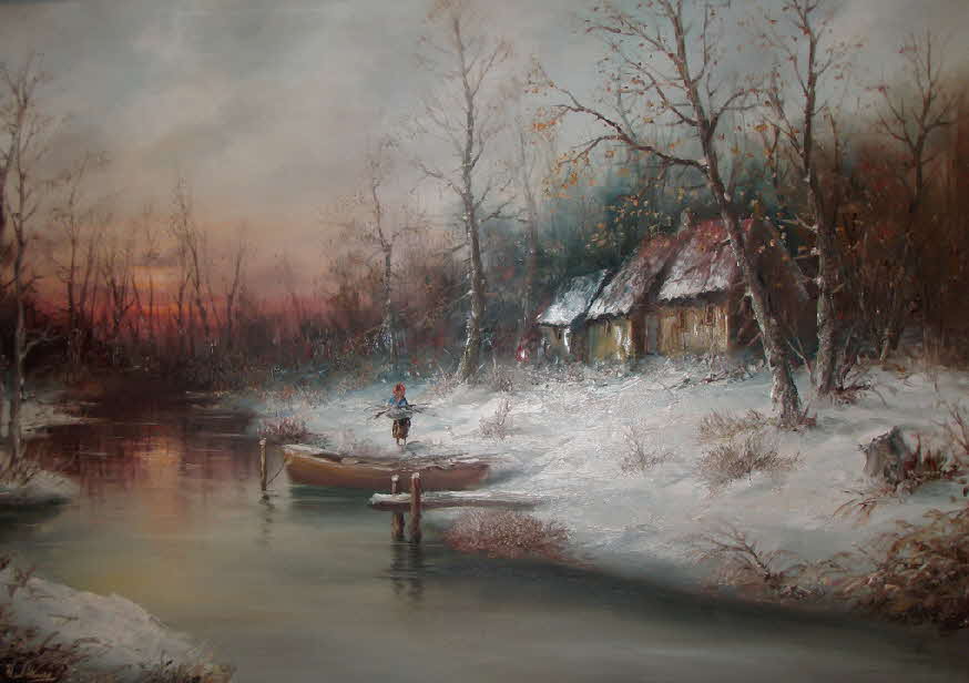 Holzsammler am winterlichen Fleet bei Sonnenuntergang - um 1990 - 68 x 98 cm - 59 € mtl./K 650 €