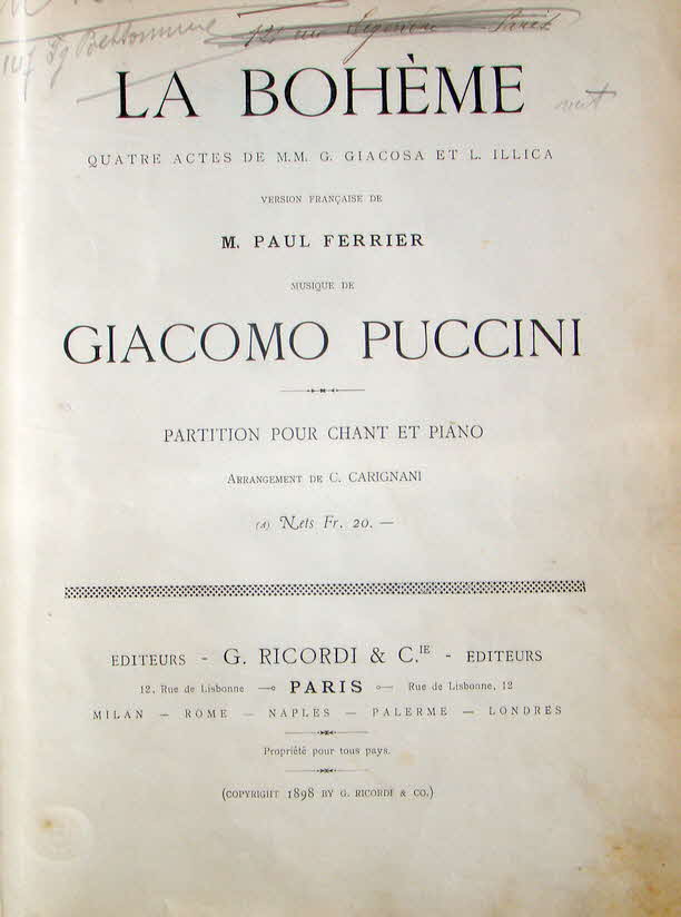 Giacomo Puccini (* 22. Dezember 1858 in Lucca; � 29. November 1924 in Br�ssel) war ein italienischer Komponist.

La Boh�me. Opera (4 Bilder). Libretto: Giuseppe Giacosa, Luigi Illica, Erstauff�hrung 1. Februar 1896 Turin (Teatro Regio) - 39 € mtl./K 350 €