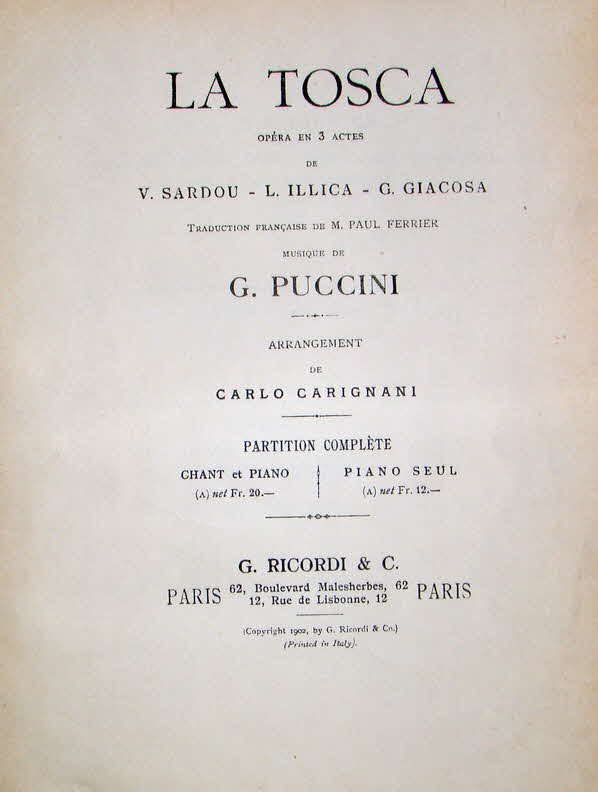 Giacomo Puccini (* 22. Dezember 1858 in Lucca; � 29. November 1924 in Br�ssel) war ein italienischer Komponist.

Tosca. Melodramma (3 Akte). Libretto: Luigi Illica, Giuseppe Giacosa. Erstauff�hrung 14. Januar 1900 Rom (Teatro Costanzi) - 39 € mtl./K 350 €