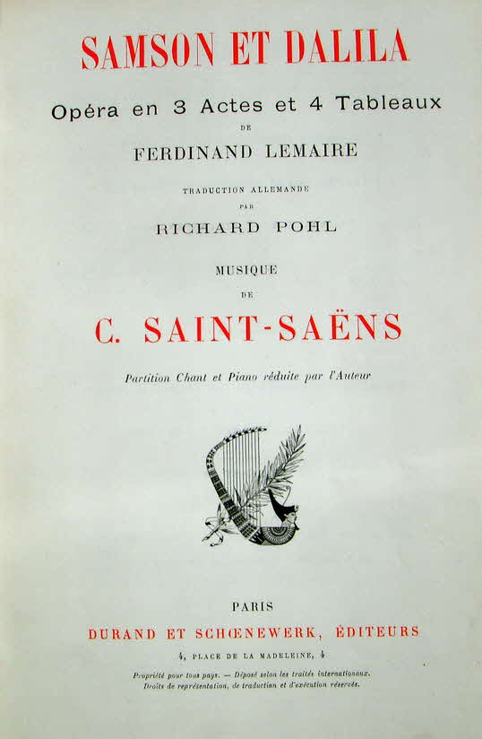 Charles Camille Saint-Sa�ns (* 9. Oktober 1835 in Paris; � 16. Dezember 1921 in Algier) war ein franz�sischer Pianist, Organist, Musikwissenschaftler, Musikp�dagoge und Komponist der Romantik.

Samson et Dalila ist eine zwischen 1868 und 1877 entstandene Oper in drei Akten von Camille Saint-Sa�ns (Op. 47) auf ein Libretto von Ferdinand Lemaire. Die Handlung basiert auf dem biblischen Buch der Richter und ist zwischen 1100 und 1000 v. Chr. anzusetzen. Samson et Dalila ist die einzige der 13 Opern von Saint-Sa�ns, die sich auf der B�hne durchsetzen konnte. Trotz der erfolgreichen Urauff�hrung in deutscher Sprache unter der Leitung von Eduard Lassen und dem k�nstlerischen Direktor Franz Liszt am Weimarer Hoftheater im Dezember 1877 dauerte es bis 1890, bevor die Oper in Frankreich aufgef�hrt wurde  - 39 € mtl./K 350 €